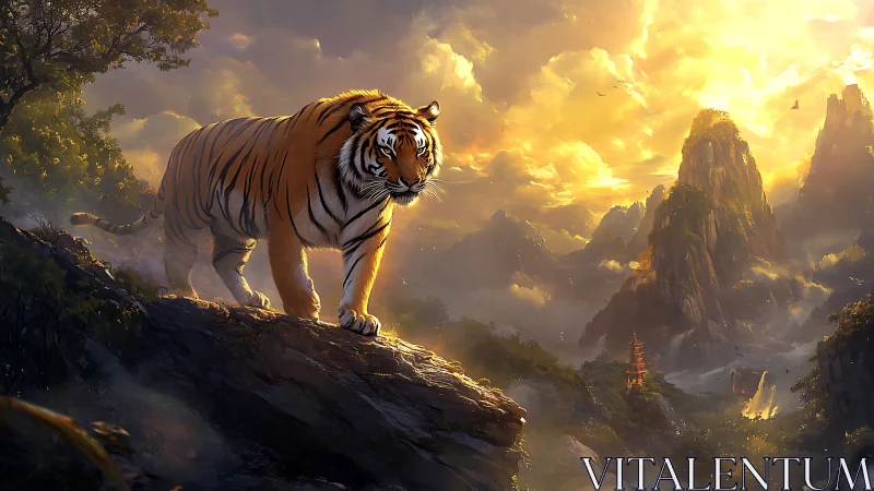 Sunlit tiger overlooking mythic mountains at golden hour.