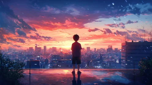 Rooftop dreamer drinks in a rain‑kissed neon sunrise