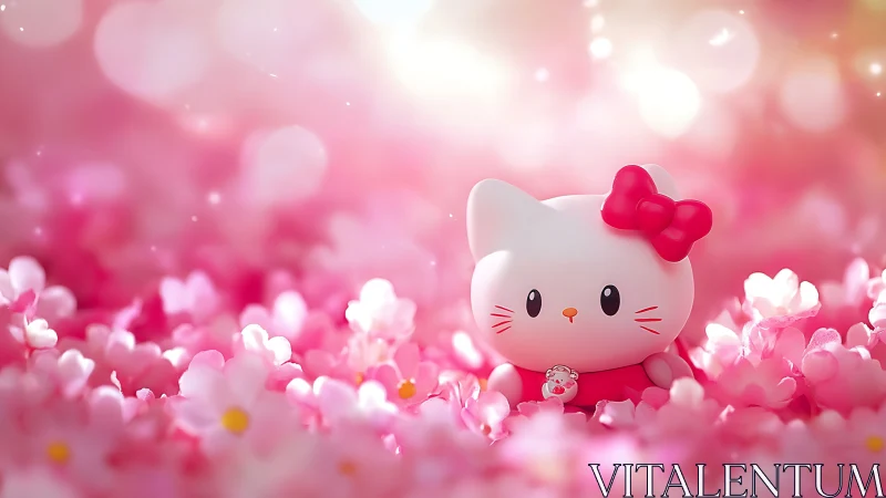Kawaii white cat figurine in luminous pink blossom field.