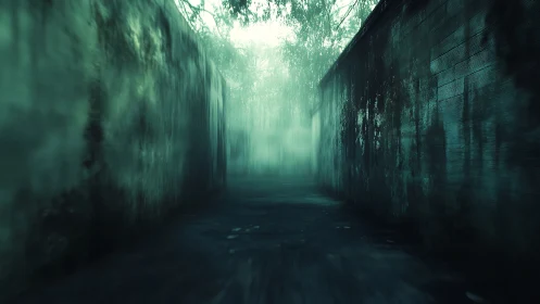 Photorealistic fog alleyway with vanishing point perspective walls.