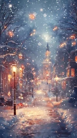 Snowlit winter street glows under soft lantern light.