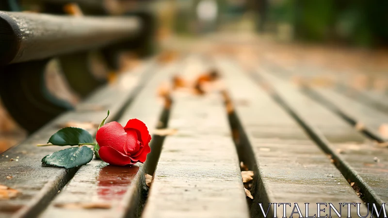 Single red rose on wet wooden bench with shallow depth of field