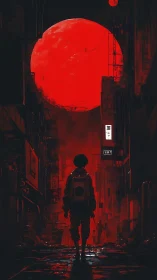 Lone urban wanderer under colossal red moonlit sky.