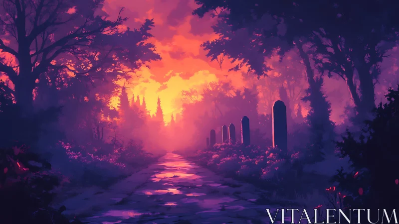 Digital forest pathway with gravestones under saturated sunset