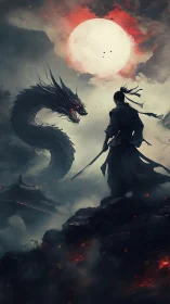 Samurai confronts a coiling dragon beneath a bloodred moon