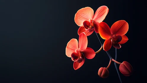 Red orchid specimens against dark background exhibit bilateral petal symmetry.