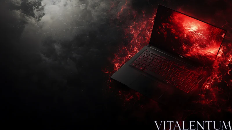 High-contrast gaming laptop emerges from red digital plasma field