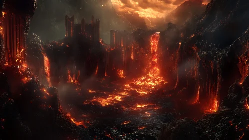 Apocalyptic Inferno: Burning Citadel in Lava-Filled Canyon.