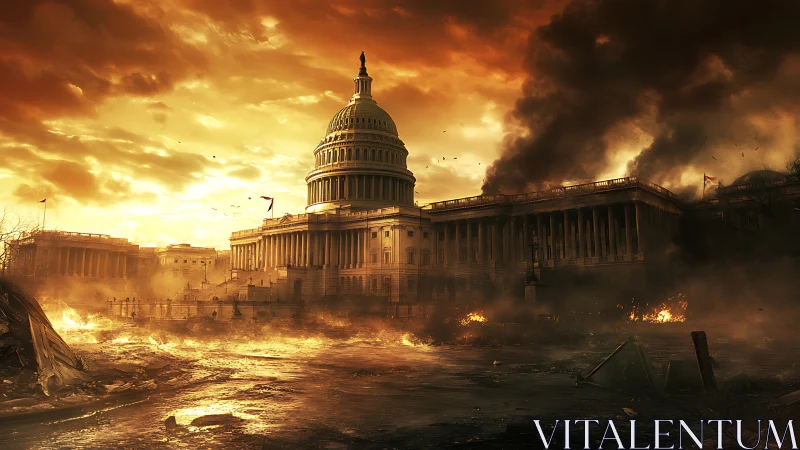 Capitol dome under apocalyptic inferno in cinematic digital realism
