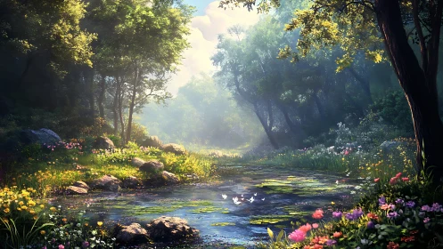 Luminous Forest Stream with Deciduous Canopy and Seasonal Floral Composition