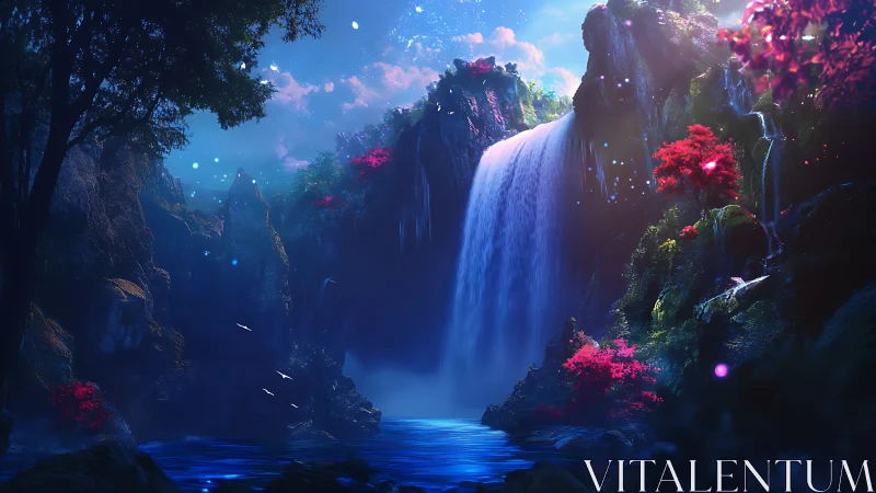 Digital fantasy waterfall scene glows with vivid colors