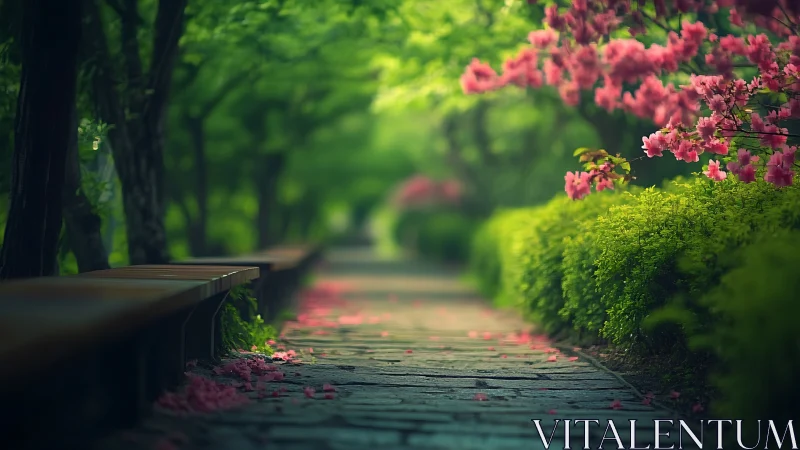 Tree lined garden path with pink blossoms and benches.