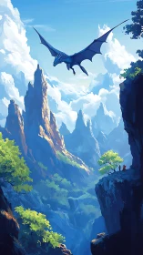 Skyward dragon over sunlit cliffs and wandering travelers.
