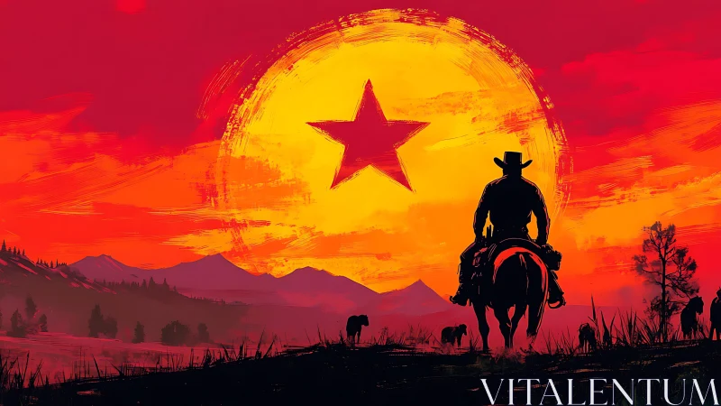 Cowboy rides into a painted sun crowned with a lone star