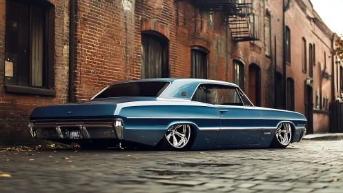 Low-slung blue classic car resting on a quiet brick alley.