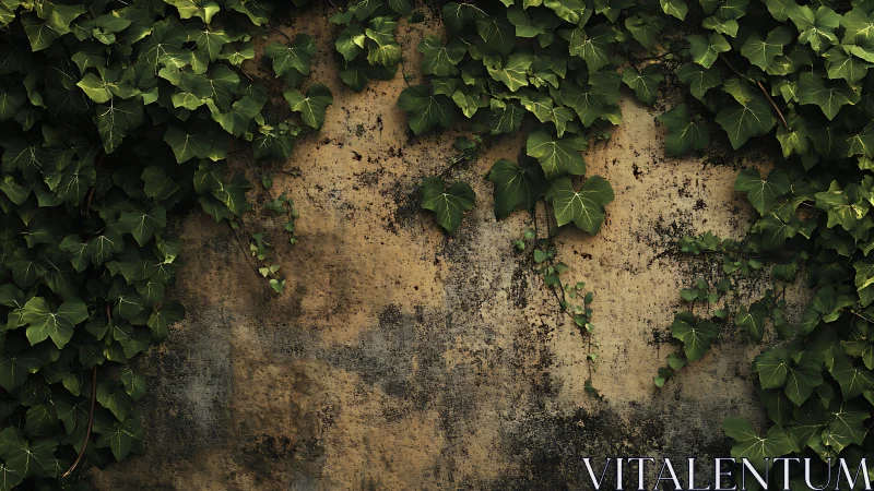 Weathered plaster wall partially overgrown by dense ivy foliage