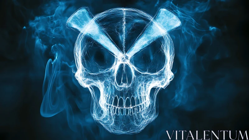 Glowing cyan smoke skull with crossed translucent crystal bars.