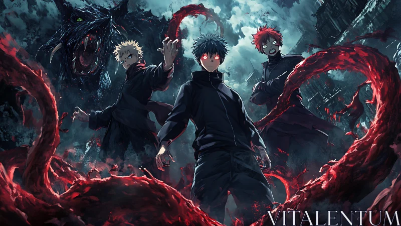 Triad of red-eyed warriors channeling chaotic blood tendrils