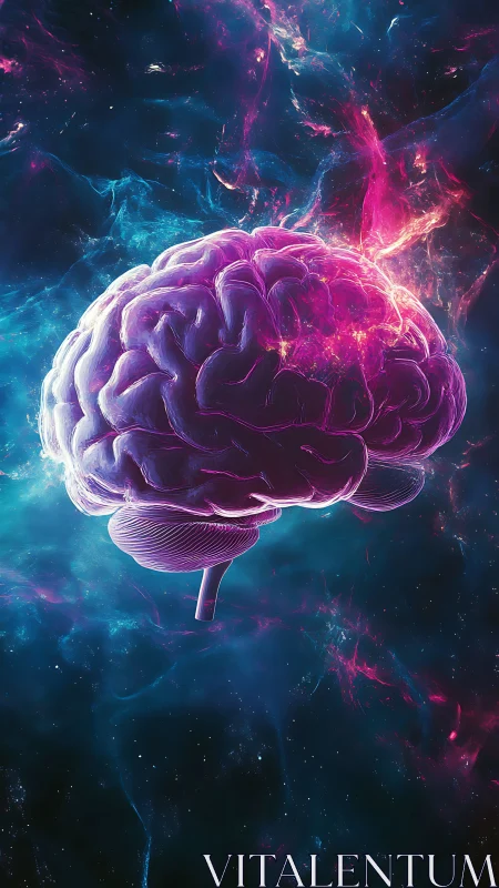 Luminous human brain model suspended in high contrast nebular void