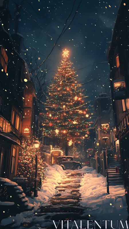 Snowy town glows around a towering Christmas tree at night