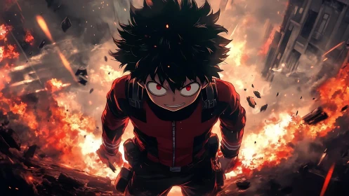 Anime hero strides through inferno with fierce crimson gaze.