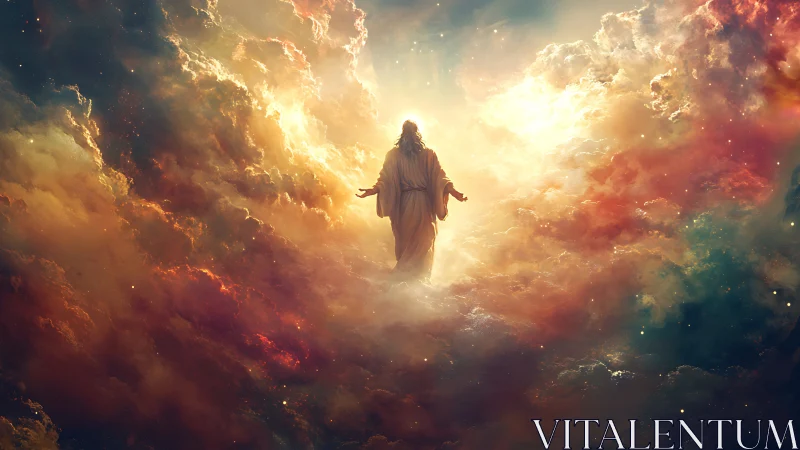 Figure in luminous clouds with diffuse celestial light.