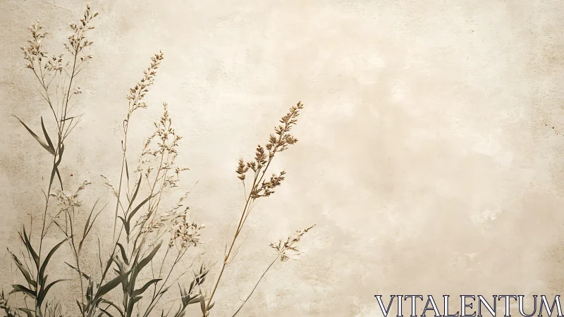 Minimal dried wild grass on textured beige background wall.