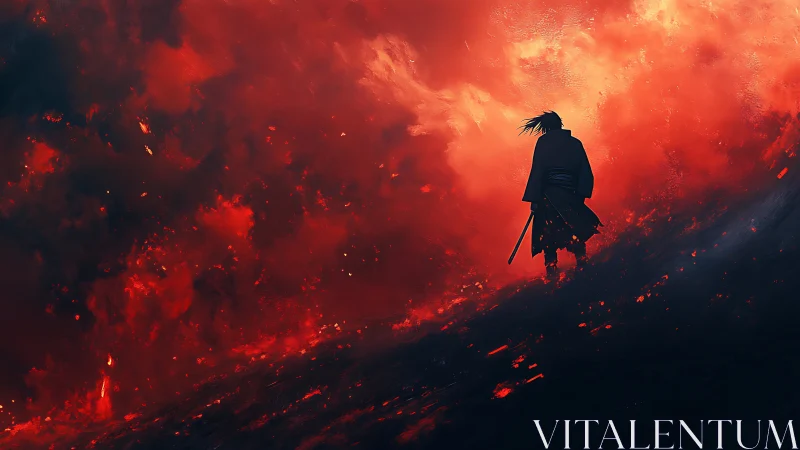 Solitary katana figure traversing incandescent volcanic horizon.