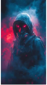Hooded figure in gas mask with red cybernetic glowing eyes.