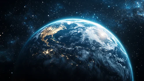 Earth from orbit glows over nightlit continents in space