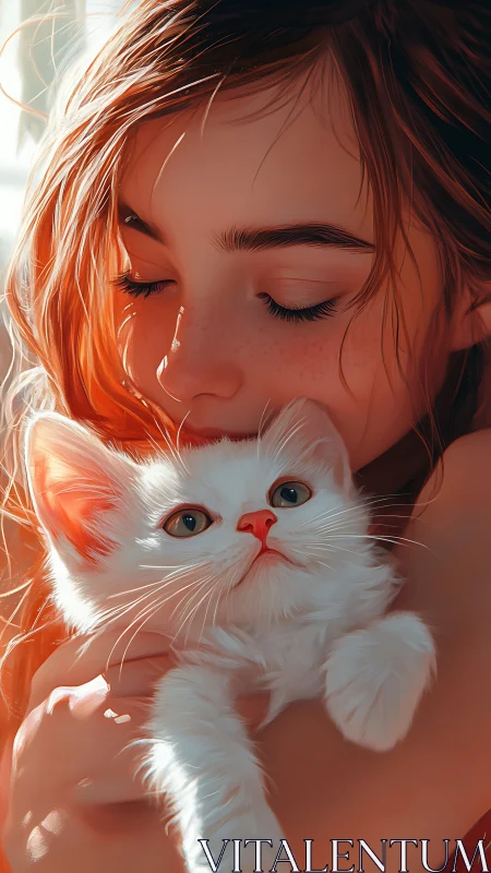 Girl with Red Hair Embracing White Kitten in Warm Light