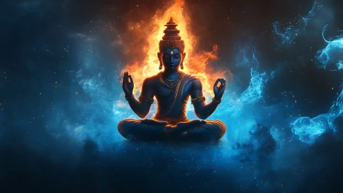 Meditating figure with dual fire and ice energy field.