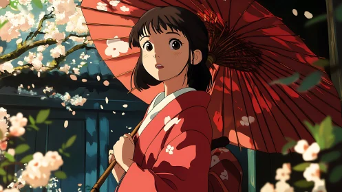 Anime spring portrait with parasol and sakura framing composition.