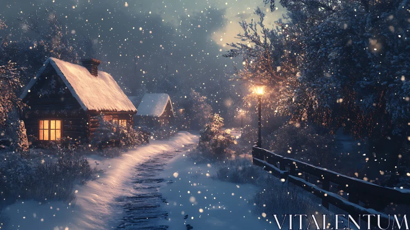 Snow-laden cabin path under warm lamplight and diffuse twilight glow