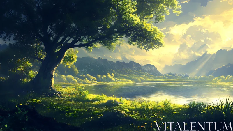 Digital painting landscape with luminous lakeside canopy.