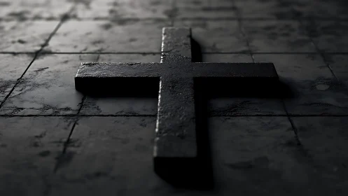 Photorealistic matte black cross on weathered stone floor.