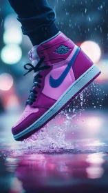 High-top sneaker splashes through neon city puddle at night
