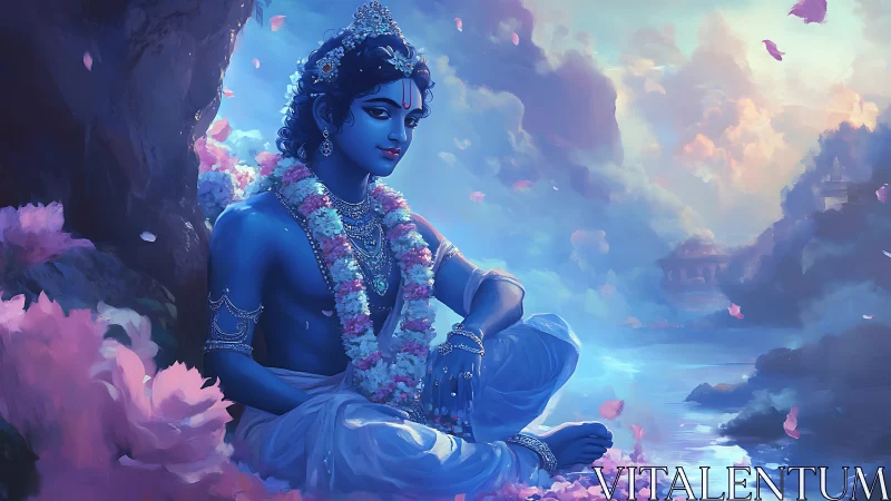 Blue divine figure rests by luminous river in petals