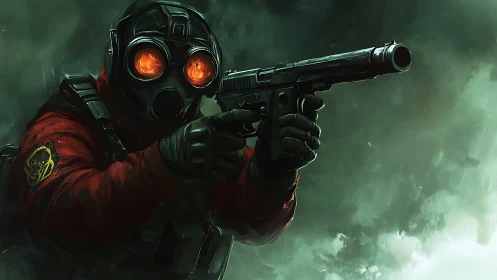 Masked night operative with glowing eyes in swirling mist.