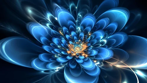 Radiant fractal blue flower unfolds in luminous symmetry.