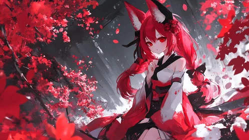 Fox-eared maiden stirs scarlet blossoms into silent storm