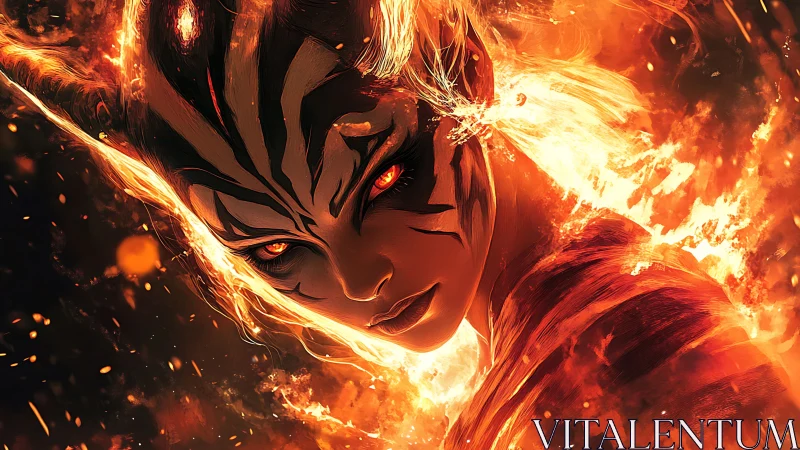 Infernal horned entity emerging from turbulent volumetric flames.