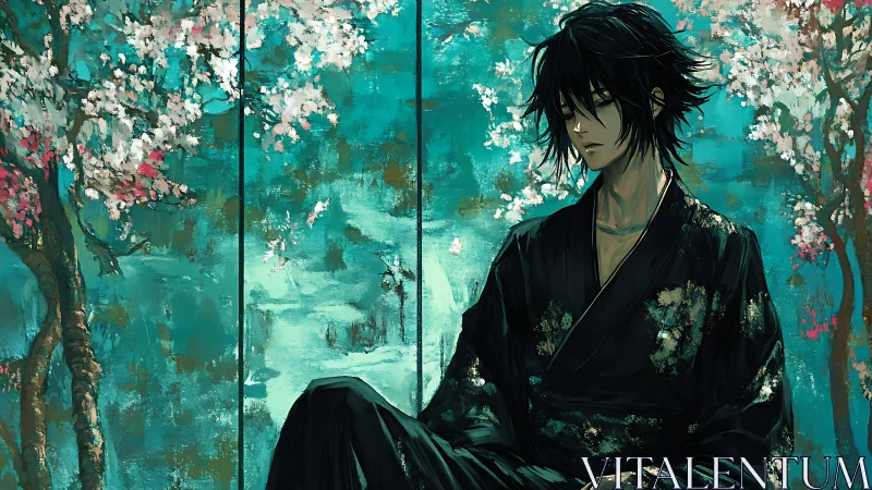 Melancholic black haired man in kimono under blossom trees.
