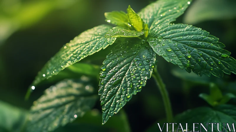 Close-up of green serrated leaves with water droplets.
