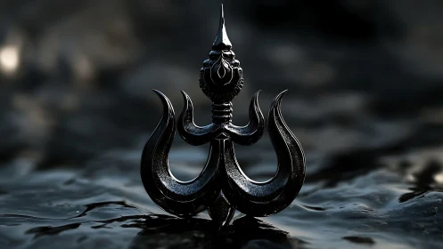 Black trishula emblem rendered with fluid metallic sheen.
