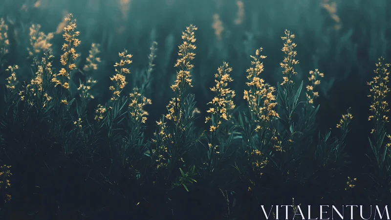 Golden grass blooms pierce mist-laden woodland backdrop.