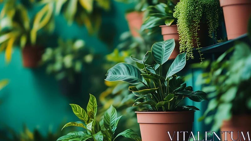 Lush potted houseplants line teal wall in soft focus.