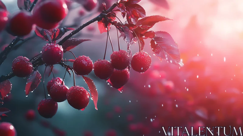 Rain-kissed red cherries glowing in gentle evening light.