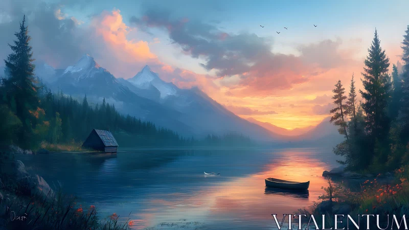 Mountain lake sunset shows boats, forest edge, and cabin