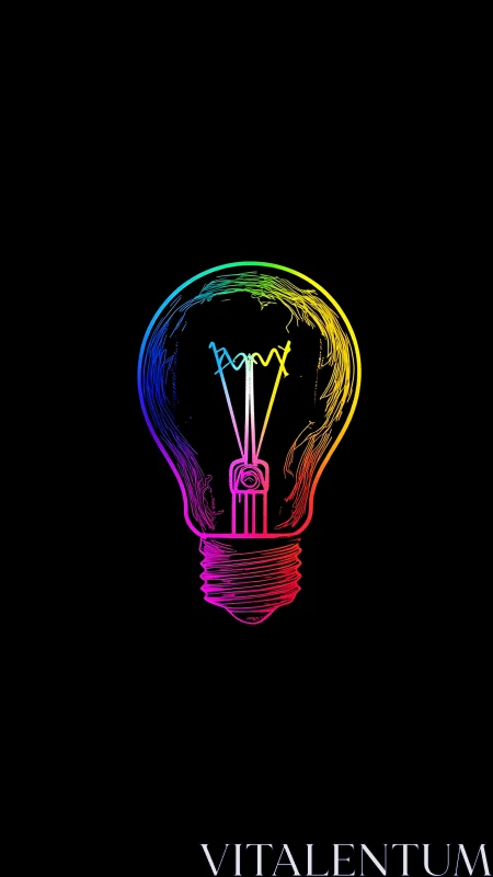 Neon rainbow lightbulb sketches a glowing idea in space